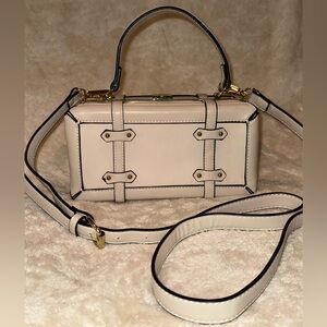 Structured Faux Leather Cream Mini Suitcase Trunk Buckle Crossbody Handle Bag